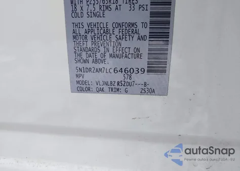 2020 Nissan Pathfinder S 4Wd из США, поврежденный, VIN 5N1DR2AM7LC646039